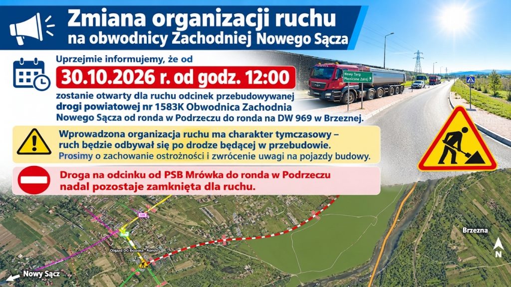 Grafika Powiatowego Zarządu Dróg o zmianie organizacji ruchu na Obwodnicy Zachodniej Nowego Sącza od 30.10.2026 r. z mapą odcinka do Brzeznej