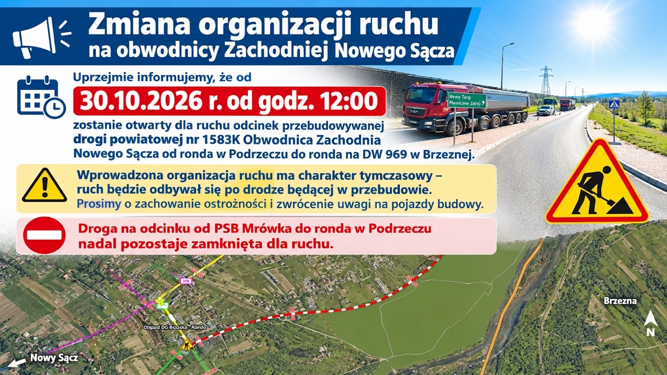 Grafika Powiatowego Zarządu Dróg o zmianie organizacji ruchu na Obwodnicy Zachodniej Nowego Sącza od 30.10.2026 r. z mapą odcinka do Brzeznej