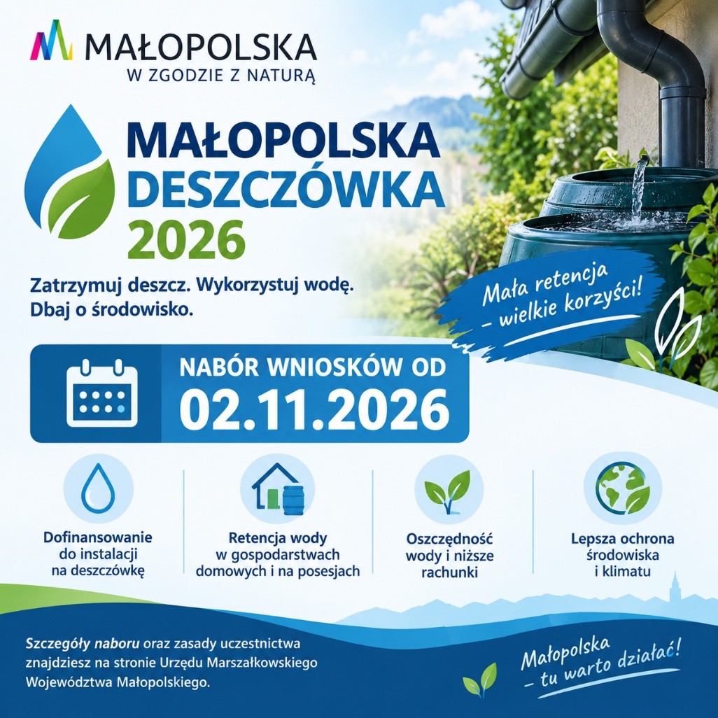 Plakat programu „Małopolska Deszczówka 2026” z datą naboru wniosków od 2 listopada 2026 r. i zbiornikiem na wodę deszczową przy rynnie