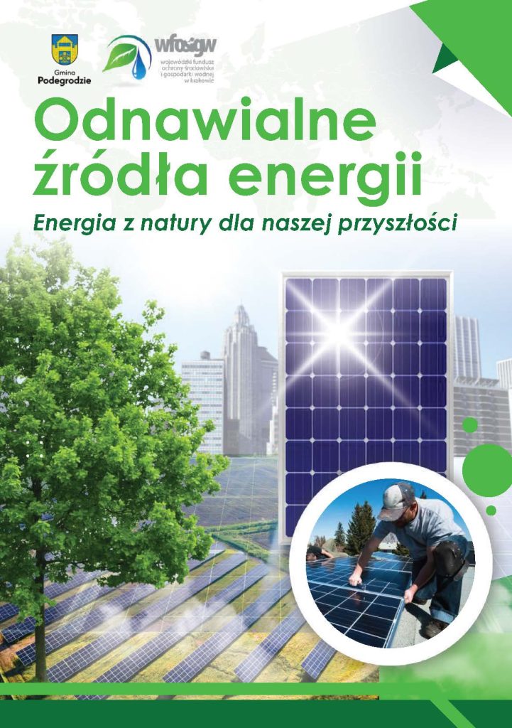 Okładka broszury „Odnawialne źródła energii” z logo Gminy Podegrodzie i WFOŚiGW w Krakowie, z panelem fotowoltaicznym i drzewem