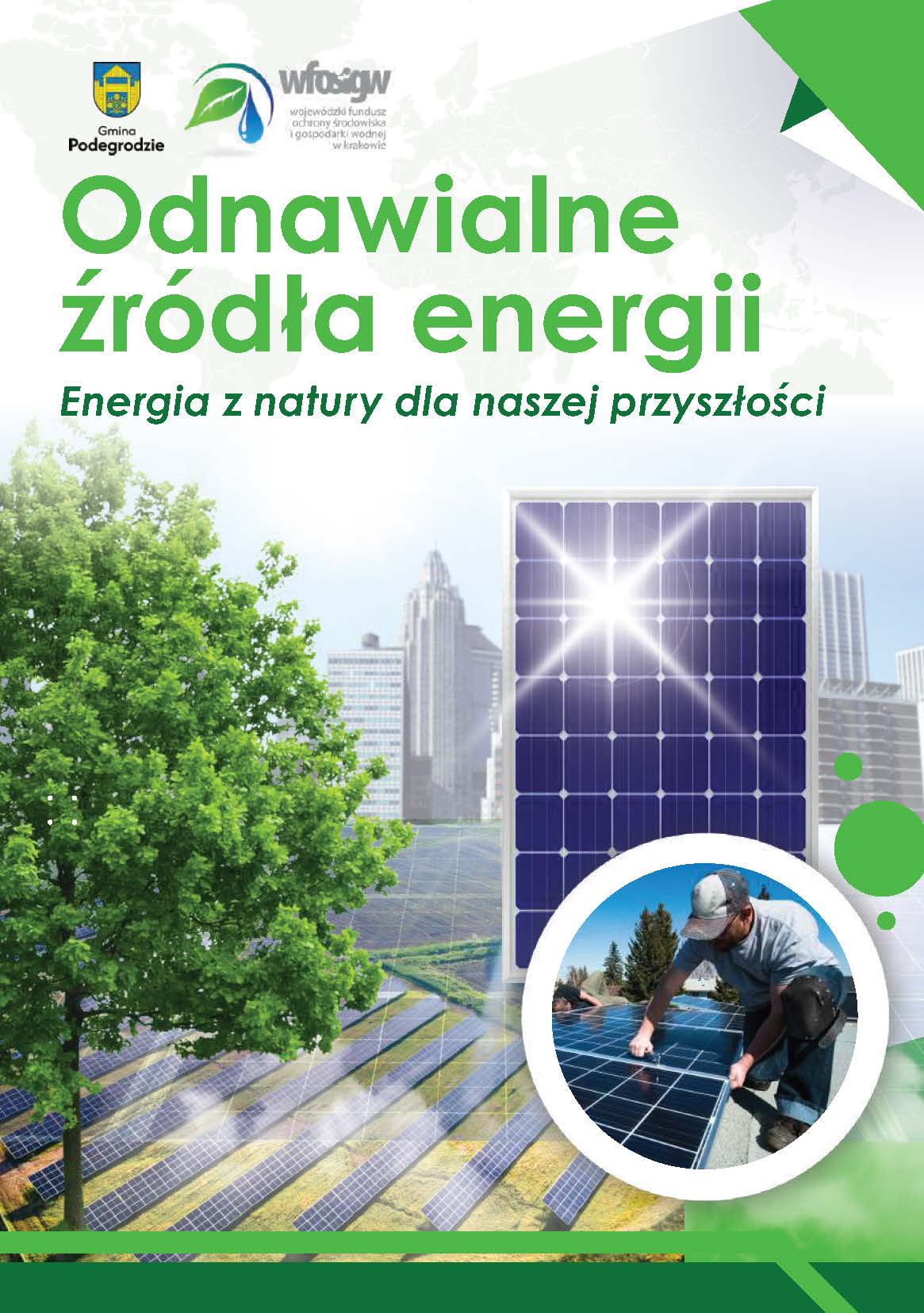 Okładka broszury „Odnawialne źródła energii” z logo Gminy Podegrodzie i WFOŚiGW w Krakowie, z panelem fotowoltaicznym i drzewem