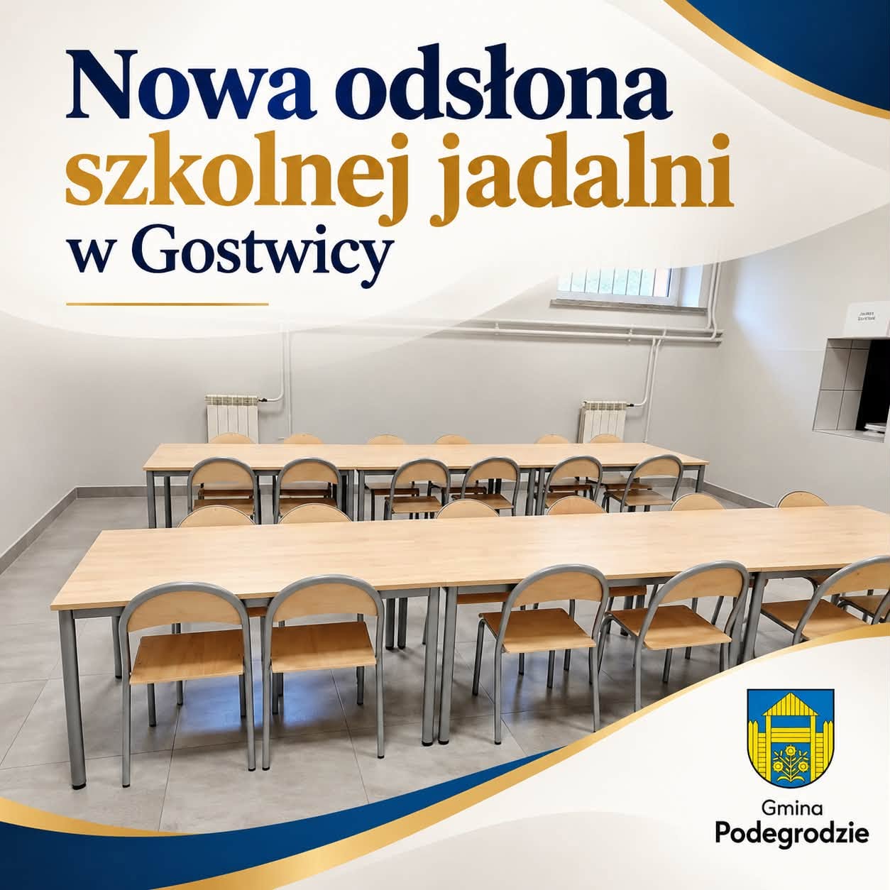 Grafika Gminy Podegrodzie „Nowa odsłona szkolnej jadalni w Gostwicy” – odnowiona sala z rzędami jasnych stołów i krzeseł