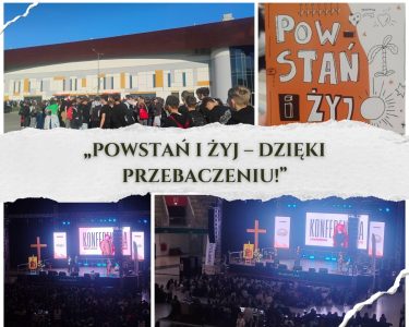 Kolaż zdjęć ze spotkania „Powstań i żyj – dzięki przebaczeniu!”: młodzież przed Areną Jaskółka w Tarnowie i scena z krzyżem podczas konferencji