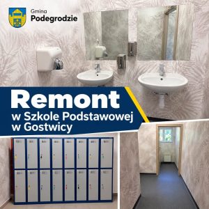 Grafika „Remont w Szkole Podstawowej w Gostwicy” – wyremontowana łazienka z umywalkami i lustrami oraz nowe niebieskie szafki w szatni