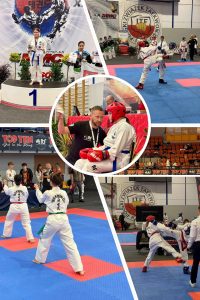Kolaż zdjęć z turnieju taekwon-do Mazovia Masters Cup – zawodniczka na najwyższym stopniu podium oraz walki na macie