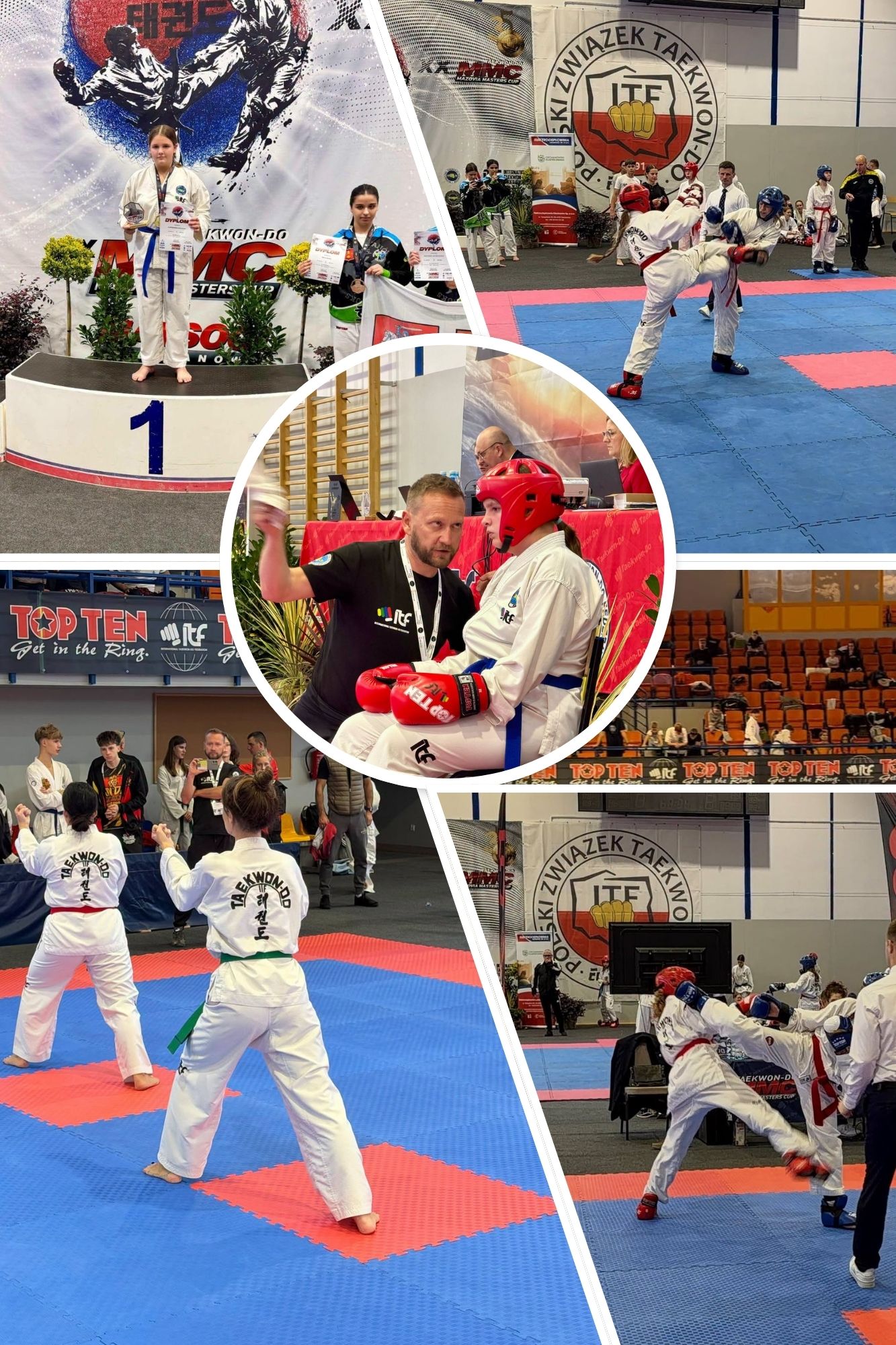 Kolaż zdjęć z turnieju taekwon-do Mazovia Masters Cup – zawodniczka na najwyższym stopniu podium oraz walki na macie