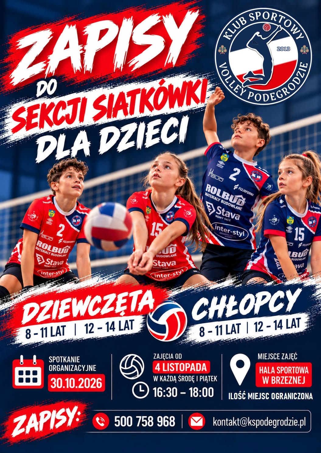 Plakat KS Volley Podegrodzie: zapisy do sekcji siatkówki dla dzieci 8–14 lat, zajęcia od 4 listopada w hali sportowej w Brzeznej