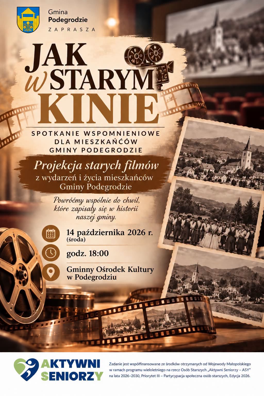 Plakat spotkania wspomnieniowego „Jak w starym kinie” – projekcja starych filmów, 14 października 2026 r., godz. 18:00, GOK w Podegrodziu