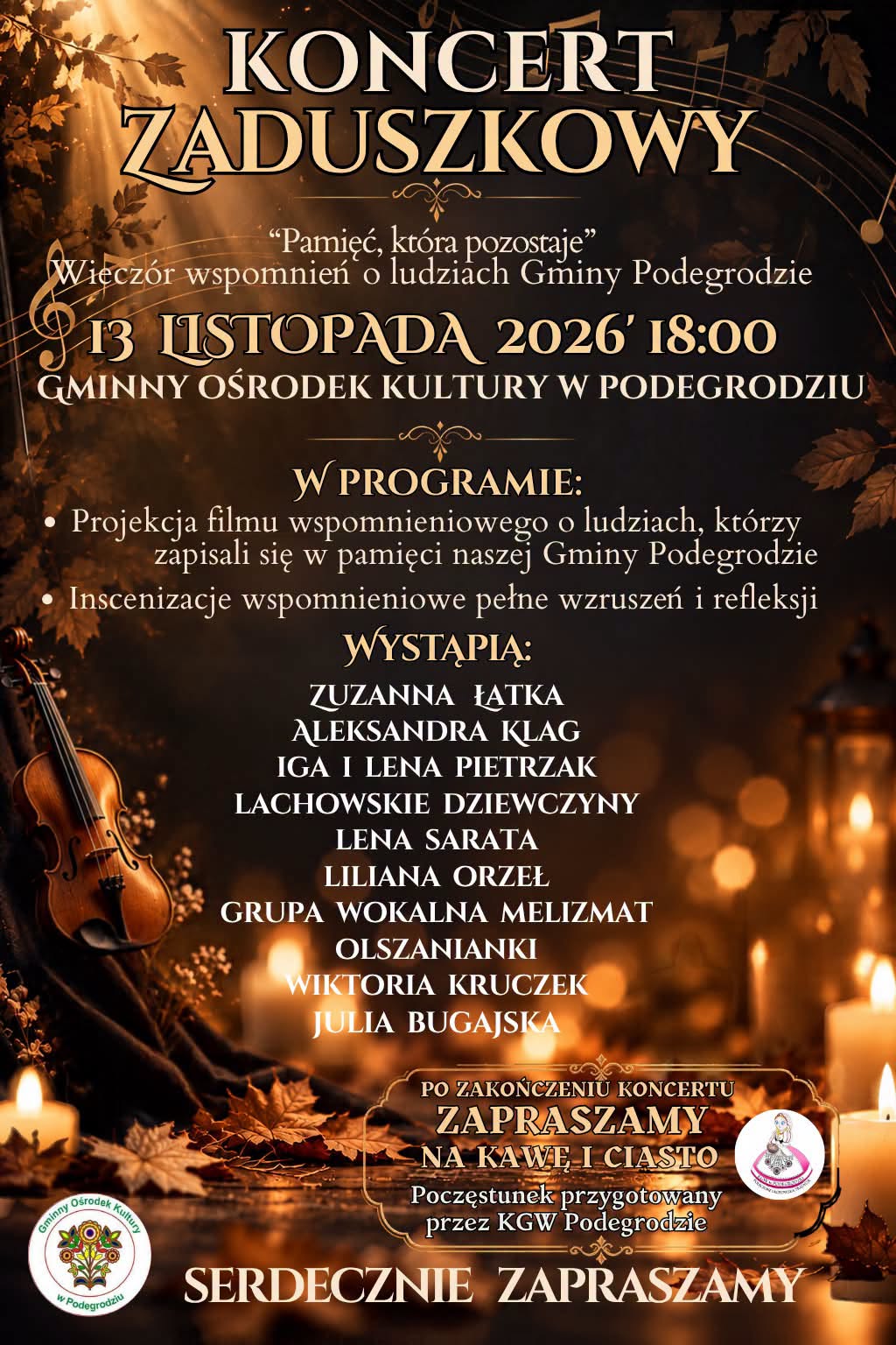 Plakat Koncertu Zaduszkowego „Pamięć, która pozostaje” – 13 listopada 2026 r., godz. 18:00, Gminny Ośrodek Kultury w Podegrodziu