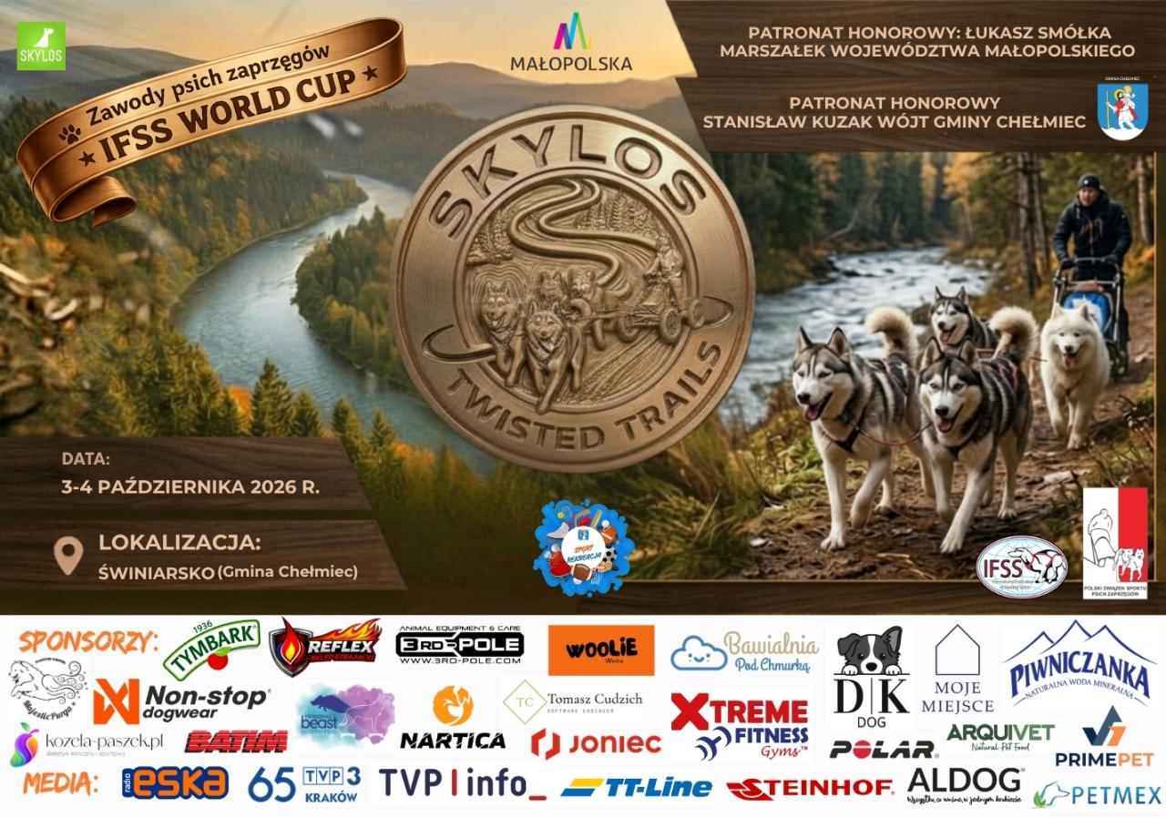 Plakat zawodów psich zaprzęgów SKYLOS Twisted Trails – IFSS World Cup, Świniarsko, 3–4 października 2026