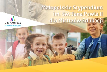 Grafika programu Małopolskie Stypendium im. św. Jana Pawła II dla Mistrzów Edukacji – uśmiechnięci uczniowie z plecakami